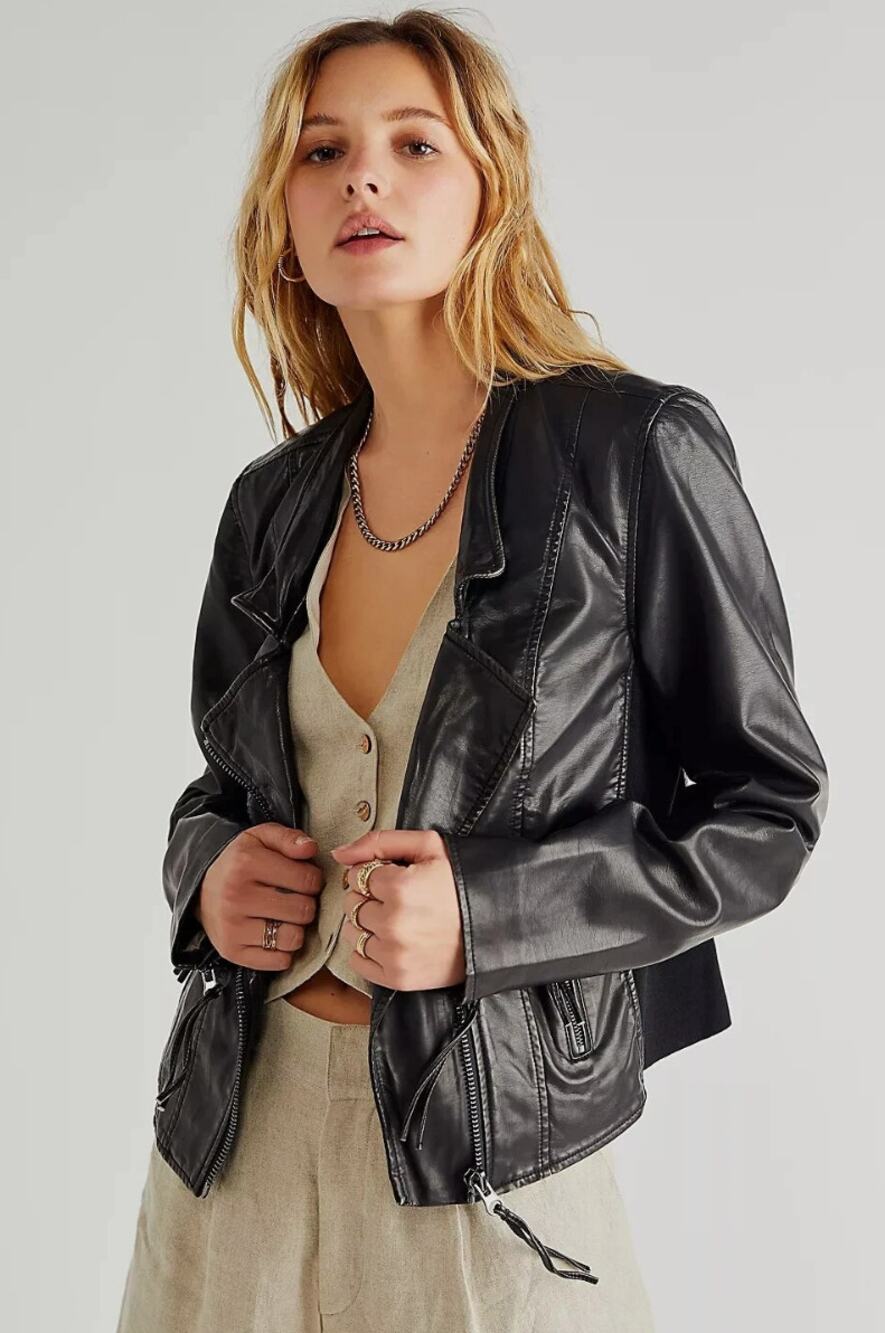 FREE PEOPLE Happy Attitude Vegan Leather Moto Jacket Black Sz M $158